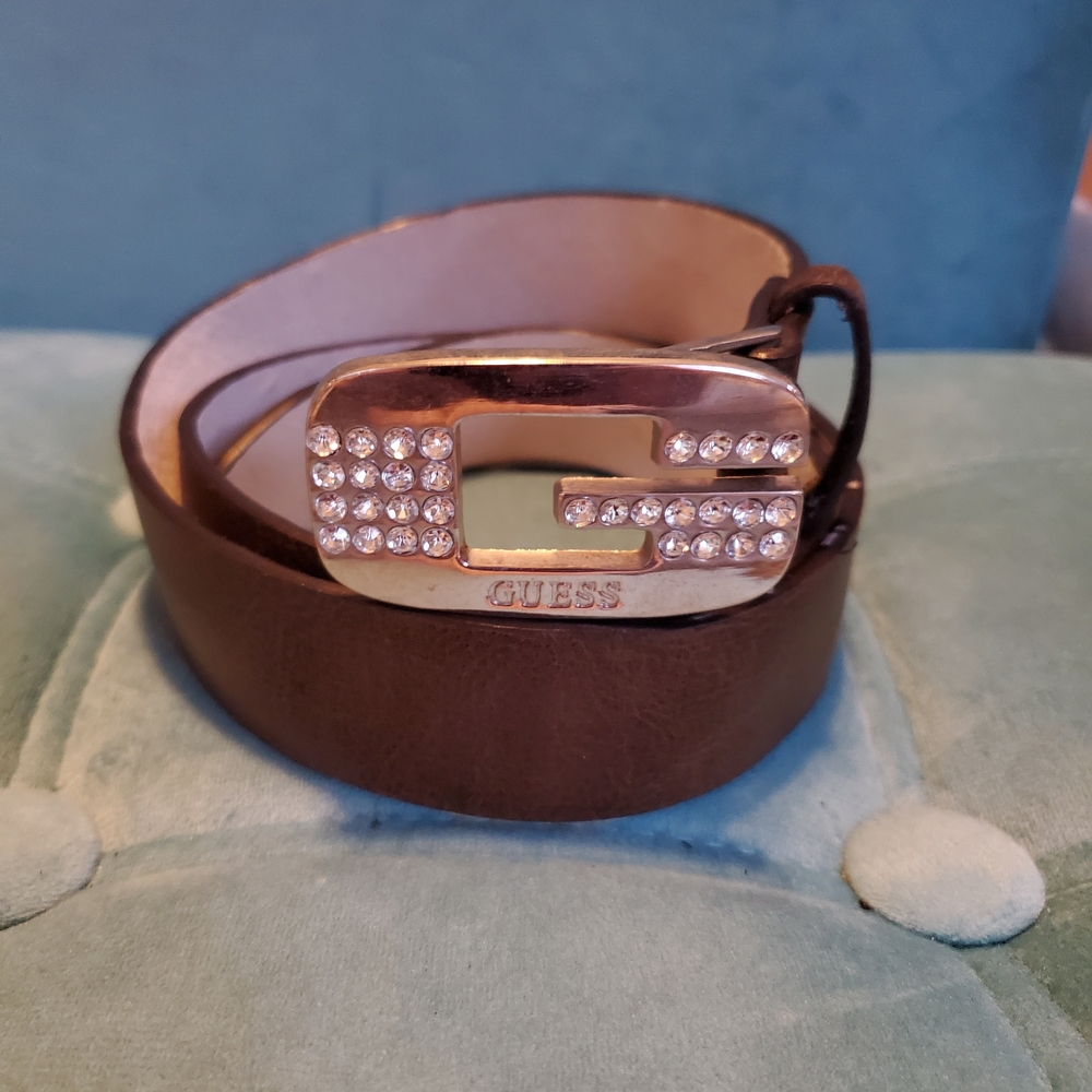 Guess - Brown Leather - Belt with Silver Tone Buckle With Gem Accents